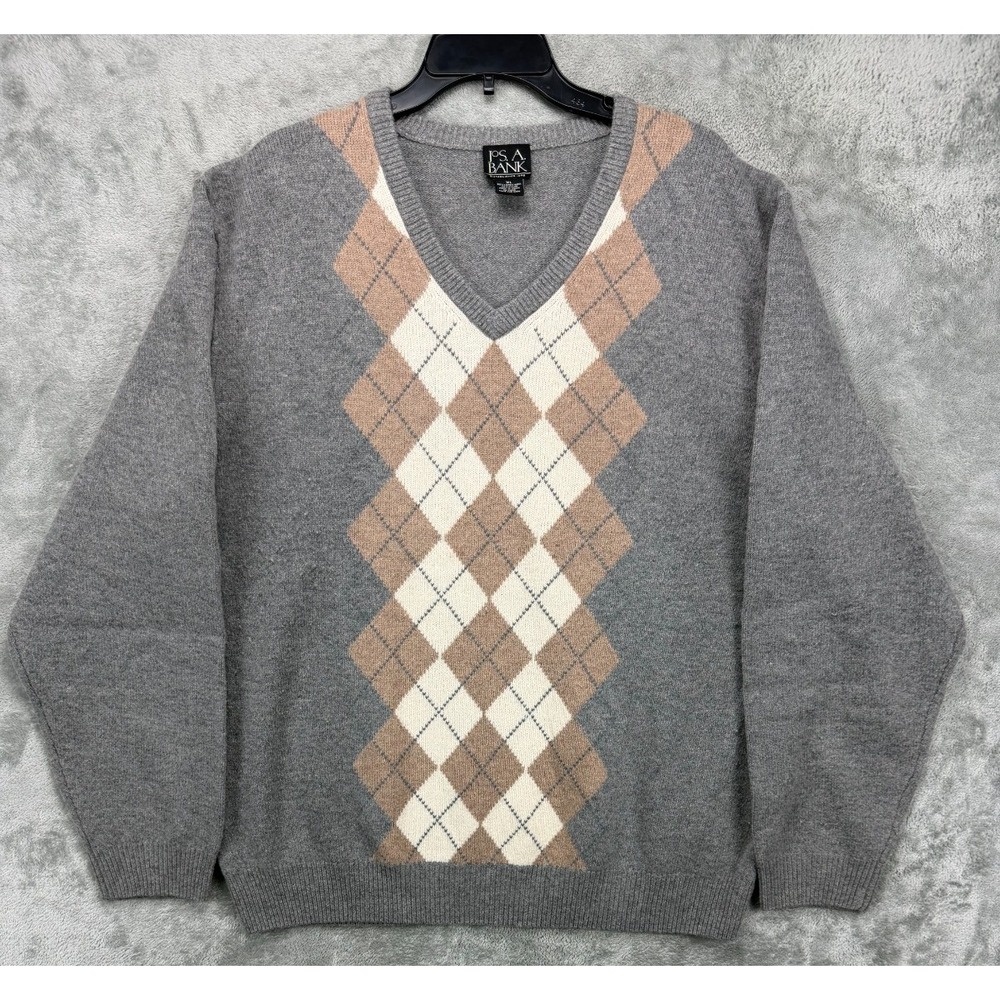Jos. A. Bank Men's‎ Pullover Sweater XL Gray Argyle V Neck Lambswool Blend